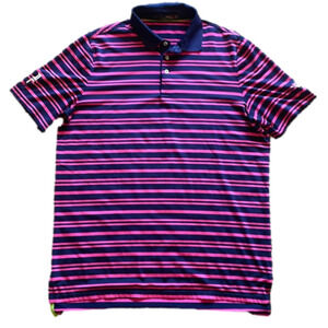 RLX Ralph Lauren Mens Large Pink and Navy Striped Short Sleeve Shirt